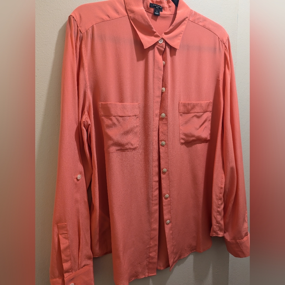 Anne Klein Peach Long Sleeve Roll Tab Pockets Button-Down Silk Collar Shirt- L - Picture 7 of 12